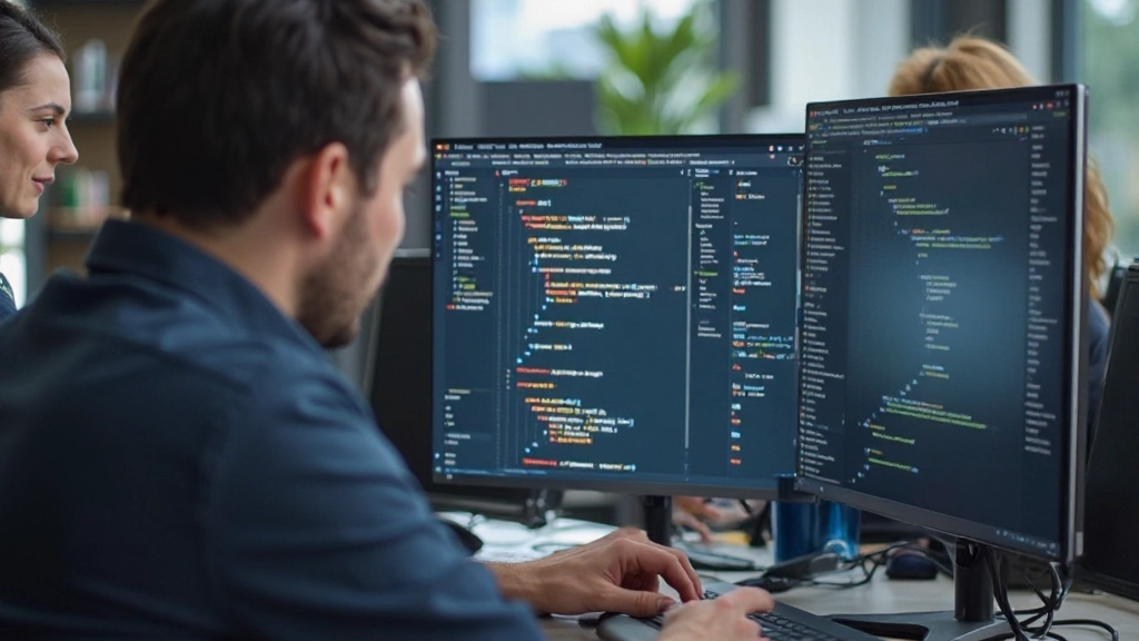 Moderne webontwikkelaars werken samen aan HTML5-structuurontwerp op groot monitor scherm