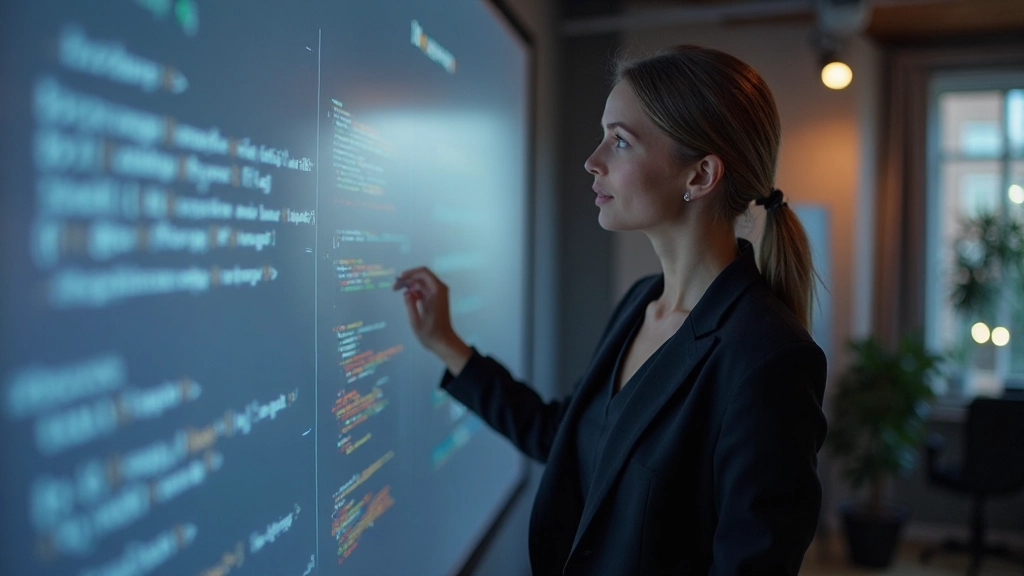 Web designer explaining Flexbox layout system with diagrams and code examples on interactive whiteboard with team