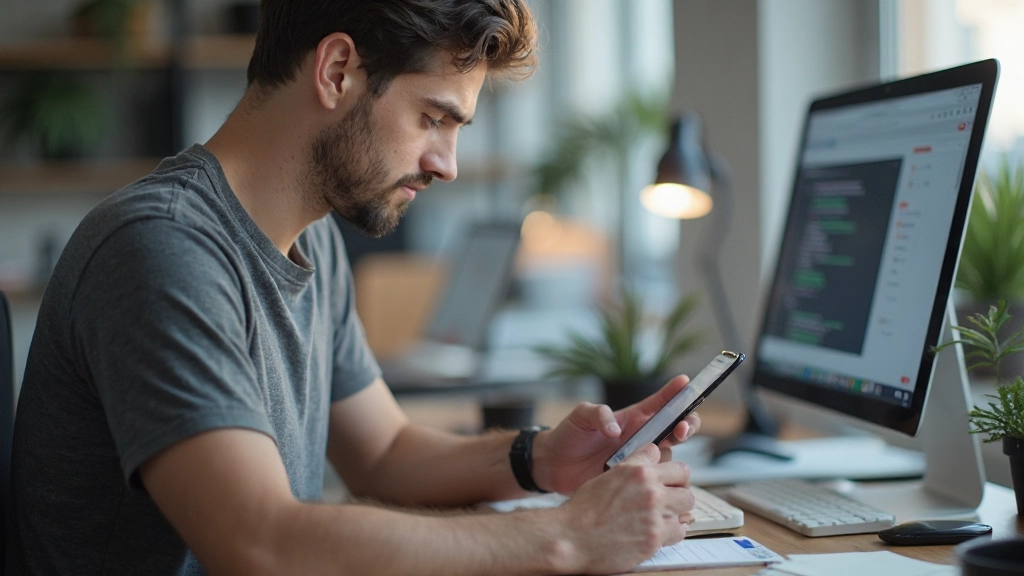 Mobile app designer testing responsive website design on smartphone and tablet devices at modern design desk
