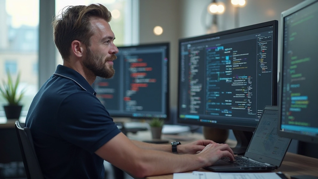 Professional web developer working on responsive CSS Grid layout on laptop at modern desk with dual monitors showing grid wireframes