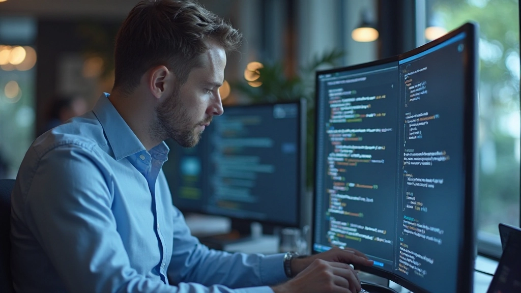 Professional web developer working with semantic HTML code structure on multiple monitors in modern office workspace